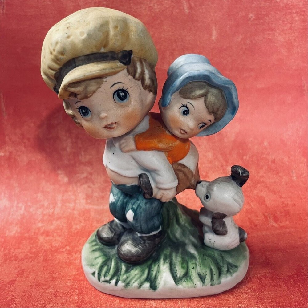 Artmark Vintage 80s Porcelain Boy Girl Piggyback Dog Figurine Hand Painted Korea